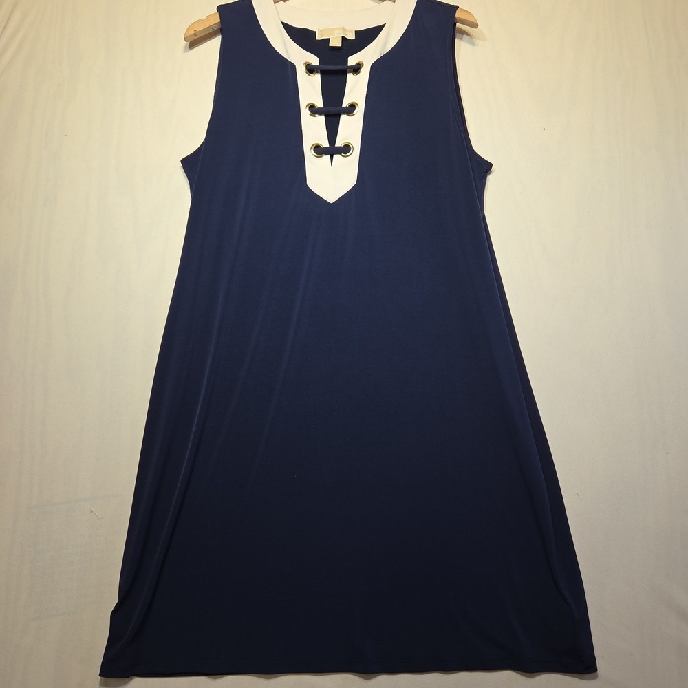 Michael Kors 1X Navy Shift Dress Gold Grommet Lace Up Sleeveless Plus Size